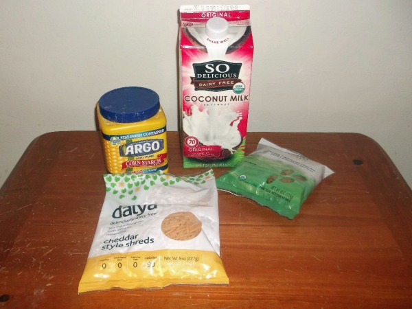 cornstarch, coconut milk, daiya cheese, gluten-free noodles, salt (not pictured)